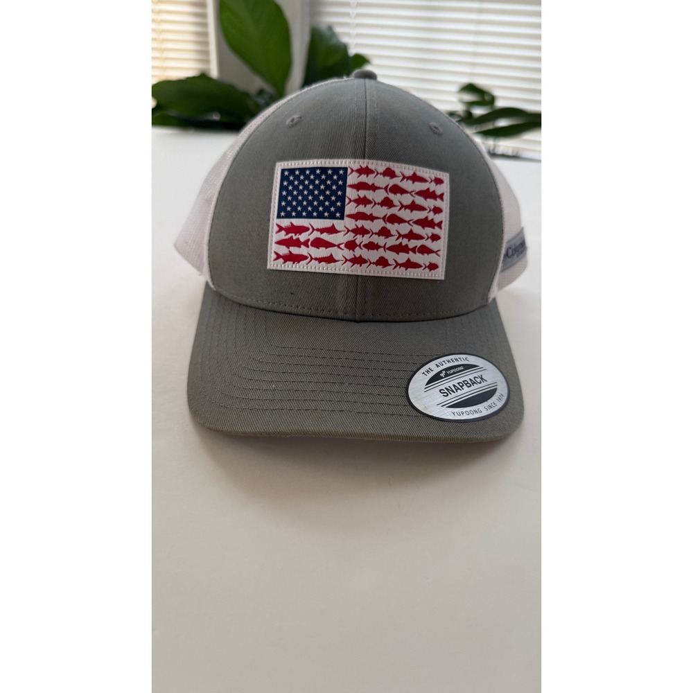 Columbia PFG Fish American Flag Snapback Trucker Hat Grey White Mesh Cap